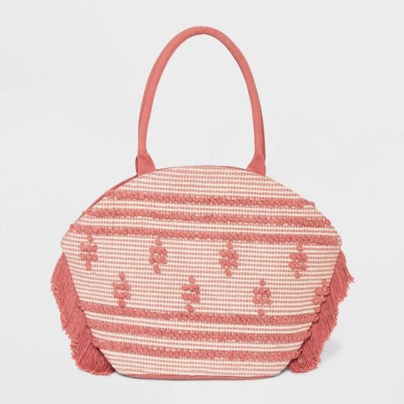 Shade & Shore Women's Tote Bag Handbag Straw Rose  Rose Pink/Off-White - Picture 1 of 4